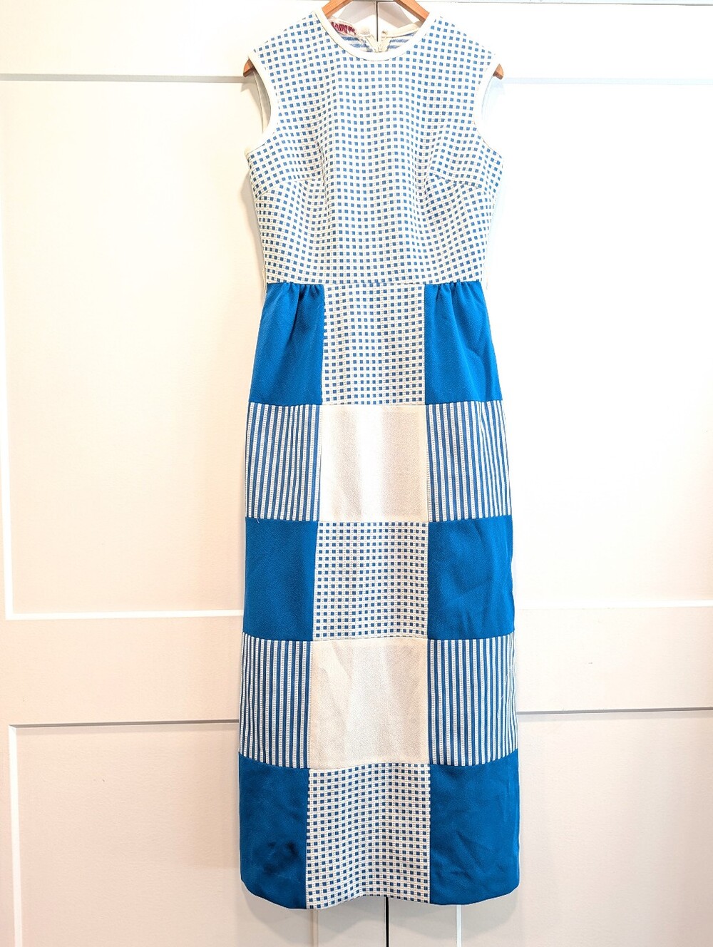 VINTAGE Kay Windsor Blue & White Patchwork Gingham Sleeveless Maxi Dress